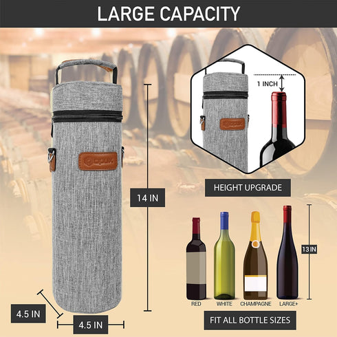 opux Single Bottle Wine Bag Carrier Tote, Insulated Cooler Bag for Travel, Picnic, Beach, Heather Light Gray