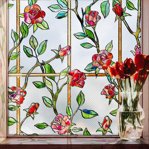 Windimiley 3D Rose Stained Glass Window Privacy Film, Non Adhesive Flower Window Tint for Bathroom (16.9 x 39.4 in)