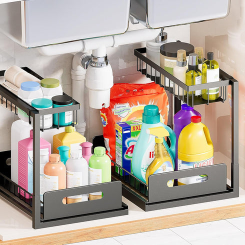 VUSIGN Under Sink Organizer and Storage (2 Pack) - Slide Out Cabinet Organizer, Pull Out Sink Shelf for Kitchen, Black