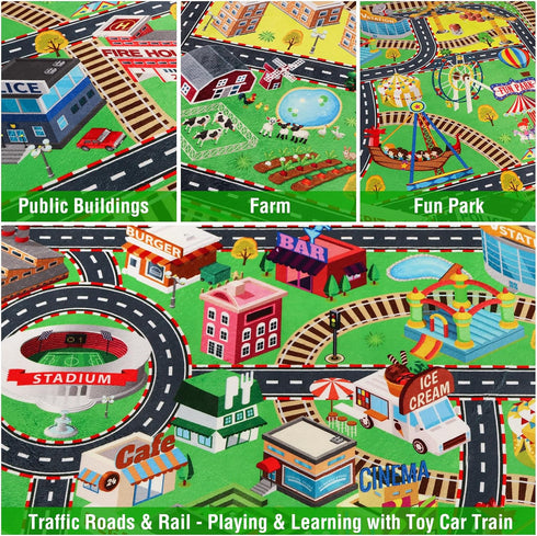 Kids Rug Play Mat for Toy Cars, City Life 3D Road Traffic 39.4"×59" Non-Slip Washable Car Rug for Playtime