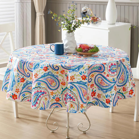 Newbridge Boho Chic Paisley Vinyl Tablecloth with Flannel Backing, 70 Inch Round, Blue Red Pink Floral Print