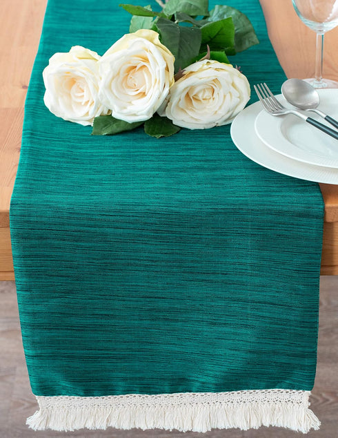 Teal Green Kitchen Table Runners with Macrame Lace Boho Decor (Pack of 1, 13x90 inch) - Properly Finished, No Fray Edges