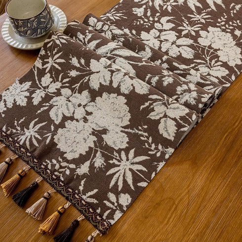13 48 Inch Floral Dark Brown Table Runner for Living Room Jacquard Flower Dining Table Runner with Tassels Modern