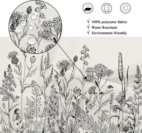Riyidecor Wild Floral Shower Curtain 72Wx78H, Botanical Flower Plant Art Printed Fabric with Hooks