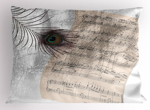 Lunarable Peacock Pillow Sham, Music Notes Sheet Texture with Peacock Feather Evil Eye, Decorative Standard Queen Size