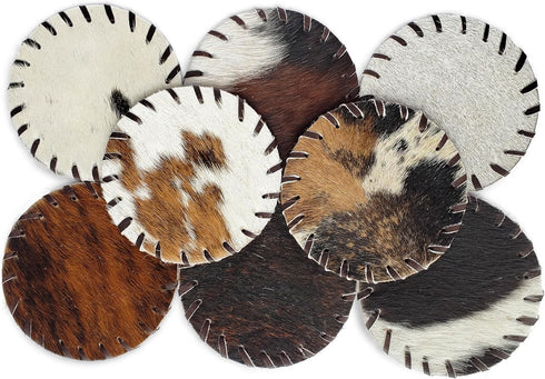 4.5" Set 8 Sunshine Cowhides Natural Cowhide Coaster - Round Assorted Tones Genuine Leather Coasters for Coffee Table