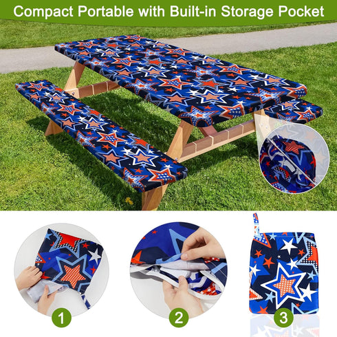 HobbLab Rv,72in,Blue Picnic Table Cover with Bench Covers Portable Table Cloth Built-in Storage Pocket Fitted