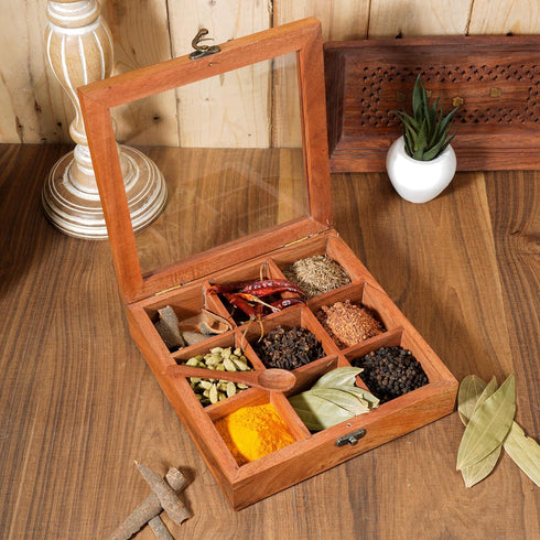 8x8 Inch 9 Ajuny Wooden Spice Box - Decorative Masala Dabba Organizer with Glass Lid, Fixed Compartments & Spoon, Spice