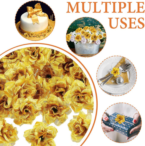 Syhood 100 Pieces Gold Artificial Roses Head Bulk, Small Silk Fake Rose Buds for Decoration and DIY Crafts