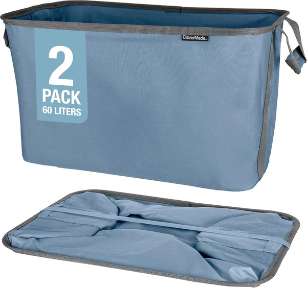 CleverMade Collapsible Laundry Baskets, Denim/Shadow Gray 2PK - 60L (16 Gal) Foldable Hamper with Sturdy Pop-Up Frame