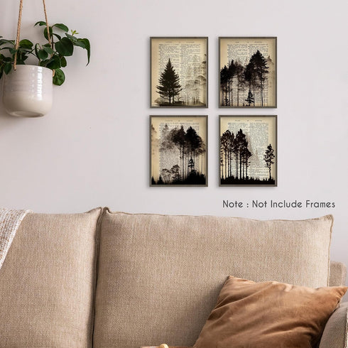 HRQKO Vintage Forest Wall Art: Set of 4 Black Landscape Prints for Farmhouse Living Room