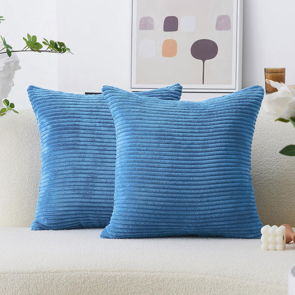 Home Brilliant Throw Pillow Covers, Decorative Soft Velvet Corduroy Striped Set of 2, Blue