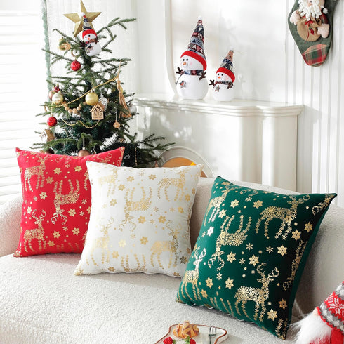 TAOSON Pack 2,Gold Cozy 18" 18" of Christmas Pillow Covers Velvet Soft Bronzing Snowflake Deer Printed Decorative