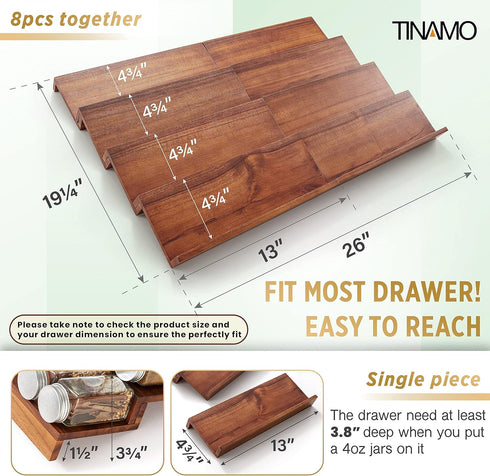 4-Tier Pack 8 (64 Tinamo Acacia Wooden Spice Rack Organizer for Cabinet - Spice Drawer Insert, Spice Organization