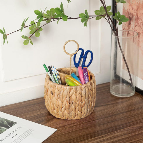 KOLWOVEN Wicker Flatware Organizer - Kitchen Utensil Holder for Countertop, Silverware Caddy with 3 Compartments