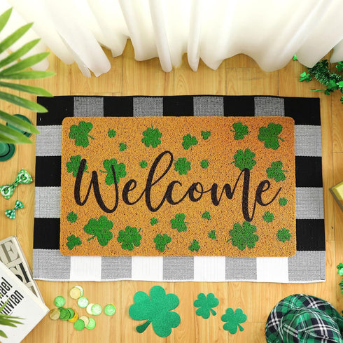 Fabbay 2 Pcs Fall Welcome Doormat Layered Buffalo Plaid Rug Halloween Coir Mats Pumpkin Rug for Fall Autumn Thanksgiving Halloween Front Porch Indoor Outdoor(Plaid, Clover,Black, White) by Fabbay
