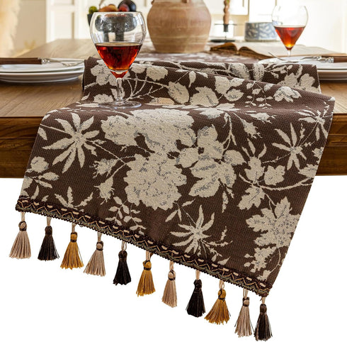 Floral Dark Brown Table Runner for Living Room Jacquard Flower Dining Table