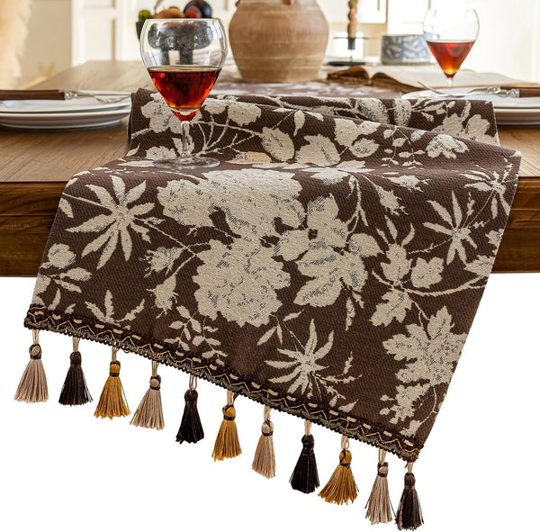 Floral Dark Brown Table Runner for Living Room Jacquard Flower Dining Table