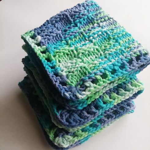 LarisaKnits set 3, Cotton colorful dishcloth reusable of Knitted absorbent bright mini towels Dark blue-light green