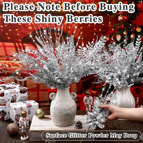 Thiccywoov 40 Pack 17.5'' Poinsettia Sliver Christmas Picks and Sprays for Tree Artificial Glitter Berry Stem Pick