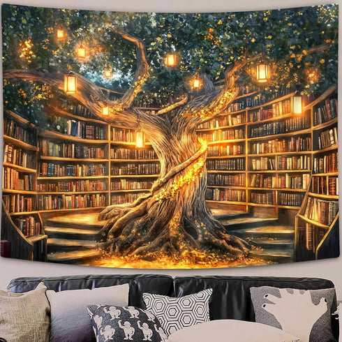 Xguatan Fantasy Library Tapestry, Mysterious Forest Tree Magic Bookshelf Aesthetic Tapestries , Witchy