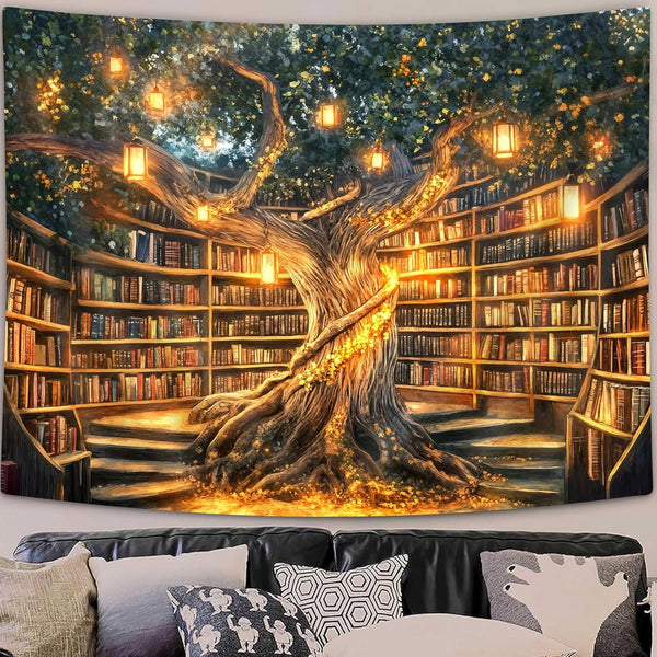 Xguatan Fantasy Library Tapestry, Mysterious Forest Tree Magic Bookshelf Aesthetic Tapestries , Witchy