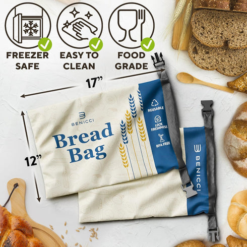 2 Pack Reusable Bread Bags - Perfect To Store Homemade Sourdough Loaf Breads - Special Double-Lock for Longer Freshness