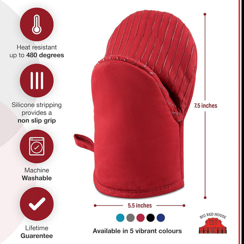 Big Red House Silicone Mini Oven Mitts - Red - Set of 2 - Heat Resistant Kitchen Gloves for Cooking Baking