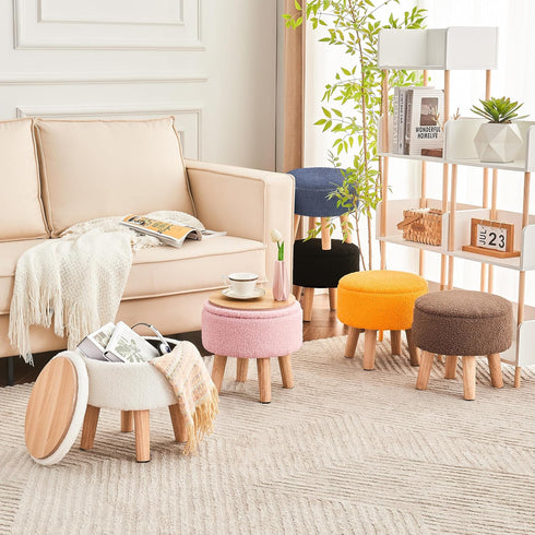 Poofzy Small Ottoman with Storage, Small Foot Stool Ottoman with Wood Legs, Sherpa Foot Rest for Couch, Living Room
