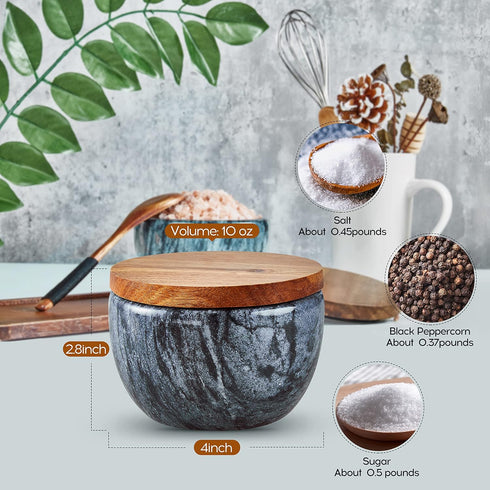 MarcZero Large Salt Box Spice Seasonings Keeper Pepper Container,Marble Base with Wooden Cover,Salt Cellar Big Capacity