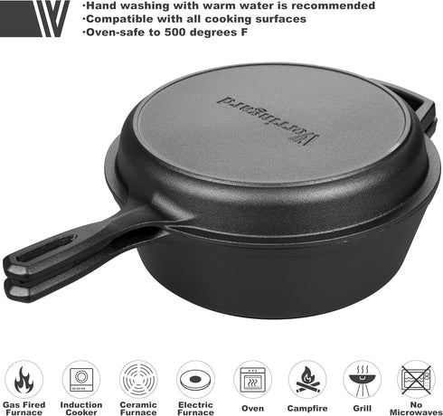 Pre-seasoned Cast Iron Double Dutch Oven Pot with Skillet Lid, 3 Quart for Bread Baking and Campfire Cooking.