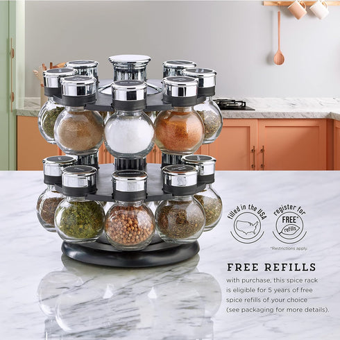 16 Countertop Kamenstein Ellington Jar Revolving Spice Rack with Prefilled Spices - Rotating Chrome and Plastic