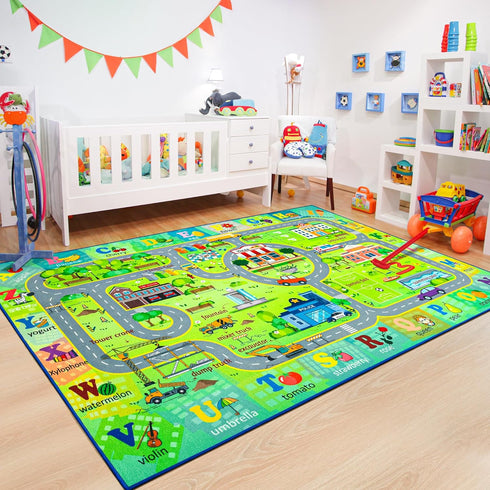 4x6 Chicrug Car Road Area Rug for Kids Playroom Bedroom, Non Slip Low Pile Washable ABC Alphabet Carpet for Classroom