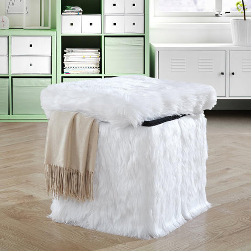 15 Inch Urban Lifestyle Mongolian Fur Collapsible Storage Ottoman Square Soft White Modern Multipurpose Footrest Bench