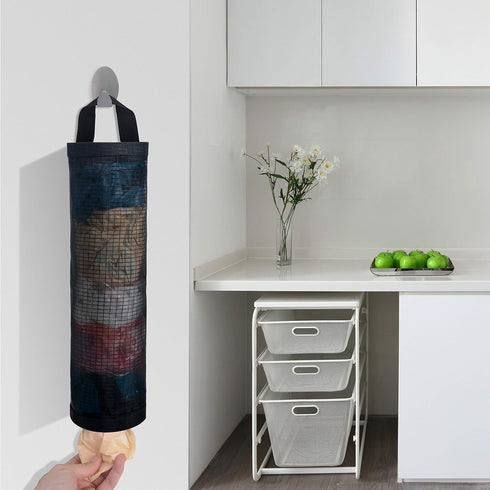 Sulimy Mesh Garbage Bag Holder Dispensers, 2pcs Folding Trash Bags Organizers with 2 Hooks for Home Kitchen, Black
