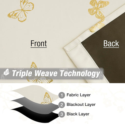84 Inches Grommet Jubilantex Ivory Gold Butterfly Blackout Curtains Long with Black Layer Thermal Insulated Window