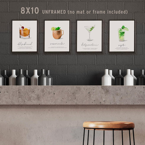 Old Fashioned Cocktail Wall Art: Illustrated Alcohol Posters with Cocktail Recipes