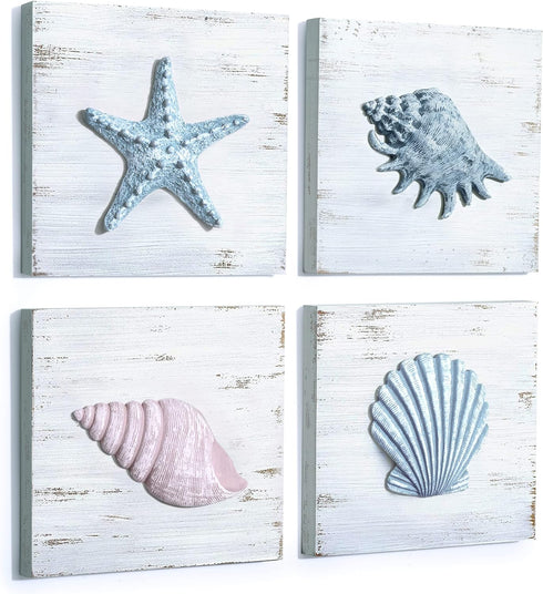 TideAndTales Beach Decor Seashell Wall Art - Set of 4 Textured 3D Shells and Starfish Decorations for Coastal Bedroom