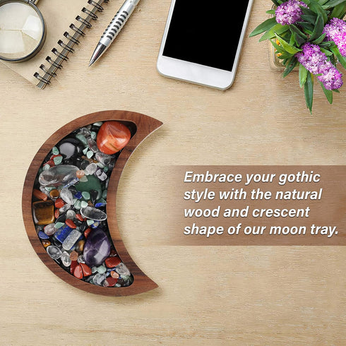 Curawood Crescent Moon Tray, 6"x3" Wooden Crystal Display Tray for Gems, Healing Stones & Treasures, Walnut