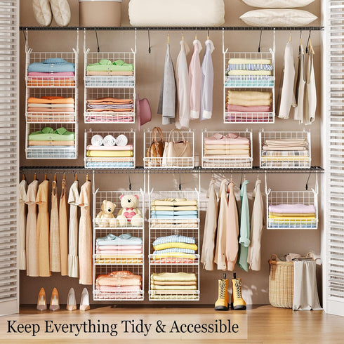 X-cosrack 3 Closet 5 Tier Foldable Organizer, Clothes Shelves with S Hooks, Wall Mount&Cabinet Wire Storage Basket