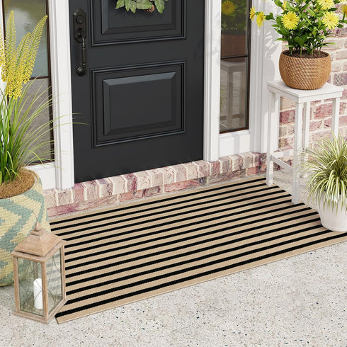 Black and Tan Outdoor Rug, 2x4.3 Striped Hand-Woven Entryway Mats, Reversible Layered Doormat