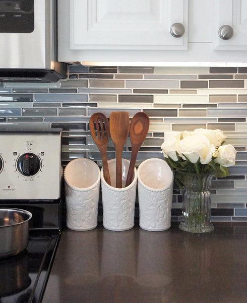Kitchen Tool Crock Set, 4 Pieces - 3 Ceramic Utensil Holders & 1 Metal Caddy, White & Embossed Design