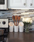 Kitchen Tool Crock Set, 4 Pieces - 3 Ceramic Utensil Holders & 1 Metal Caddy, White & Embossed Design