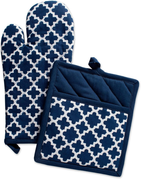 DII Lattice Basics Collection Kitchen Essentials, Oven Mitt & Potholder Set, Nautical Blue, 2 Piece
