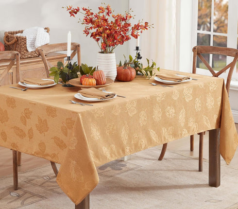 60 144 Inch, Newbridge Gold Tremont Leaf Damask Rectangle Fabric Spring Lodge Tablecloth, x Elegant Holiday Swirling