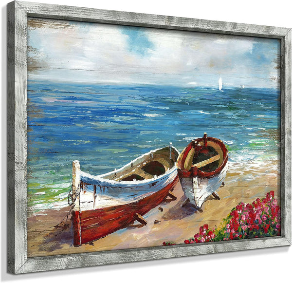 Seascape Painting Abstract Artwork Framed: Colorful Ocean Wall Decor, Sail Boat Prints for Bedroom 16"x12"