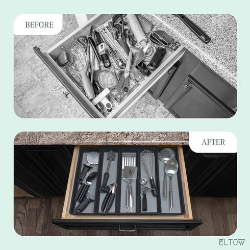ELTOW Expandable Utensil Drawer Organizer, 5 Compartment Non-Slip & Adjustable Large Tray for Kitchen Drawers, Black