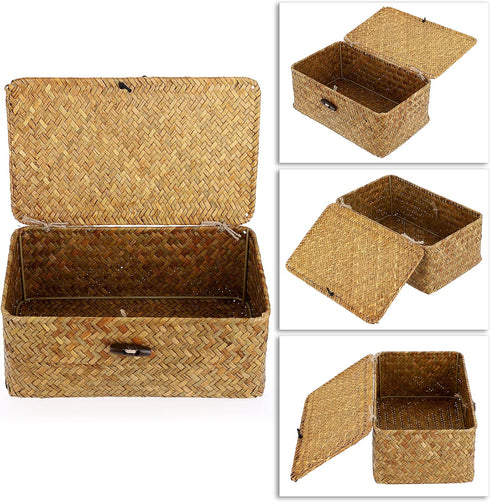 Hipiwe Wicker Shelf Baskets Bin with Lid, Handwoven Seagrass Storage Bins for Shelf, Wardrobe, Home Organizer, Small