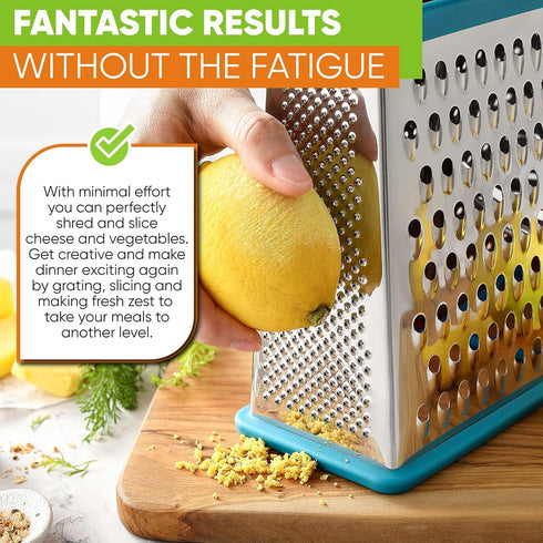 Spring Chef Handheld Stainless Steel XL Parmesan Cheese Grater with Handle - 4 Sided Metal Box Grater for Kitchen
