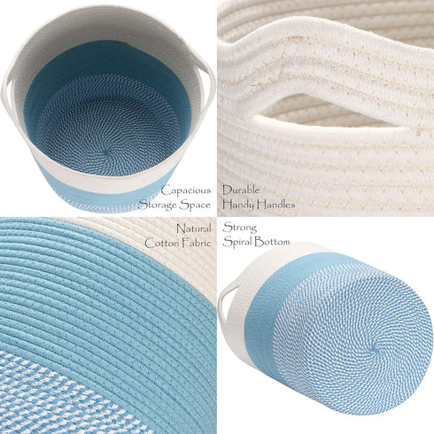 Sea Team Large Cotton Rope Woven Storage Basket with Handles, 20 x 14 inches, Round Design, White & Mottled Blue